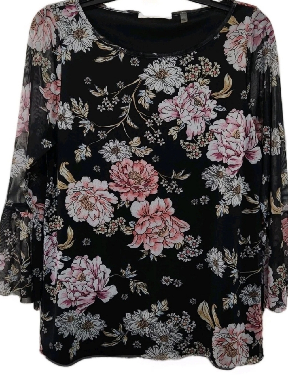Linda Matthews Women's L Sheer Lined Floral Blouse Dark Fairy Whimsigoth